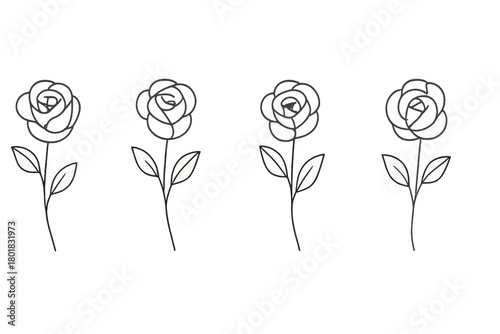 Four simple hand drawn rose flower outlines with stems and leaves arranged in a row