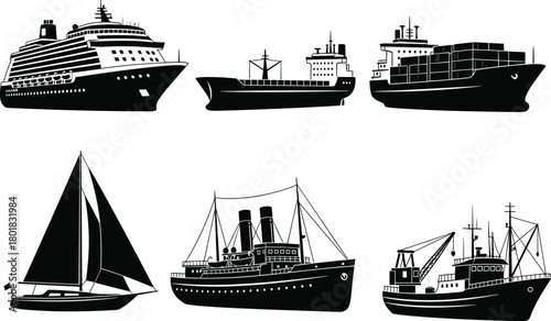 Vector collection of maritime transport silhouettes including luxury cruise ship, cargo container vessel, sailboat, vintage steamship, and fishing trawler for ocean travel design elements.