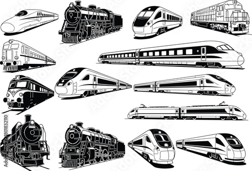 Vector collection of various train illustrations including vintage steam locomotives, modern high speed bullet trains, and industrial diesel engines for transportation design and travel logos.