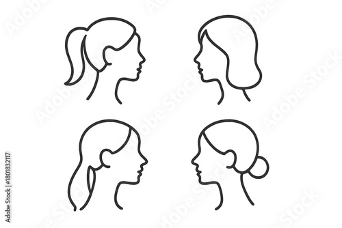 Simple outline profile portraits of women with diverse hairstyles collection