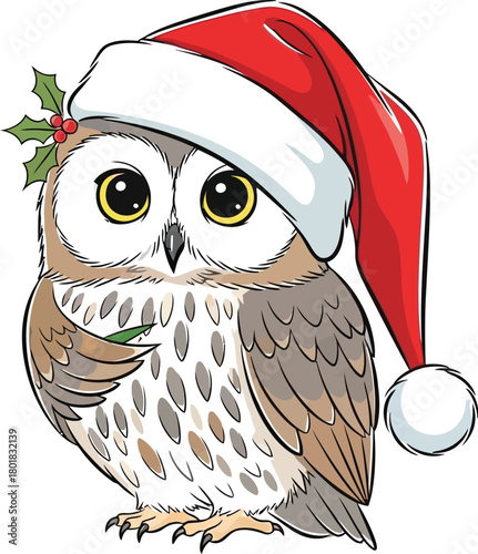 Cute owl wearing a santa hat with holly, isolated on white background