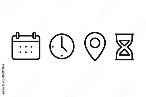 Essential line icons set for scheduling time date and location tracking
