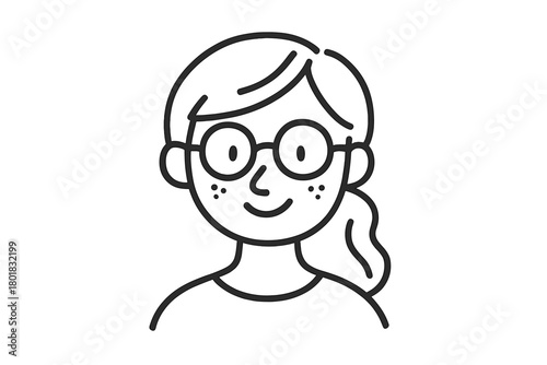 Minimalist portrait of a smiling young woman wearing glasses and freckles