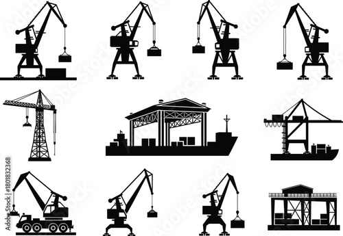 Vector set of industrial cranes and harbor machinery including gantry cranes, cargo ships, and construction equipment for global logistics, shipping, and maritime transportation designs.