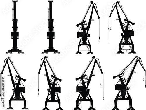 Vector set of industrial harbor crane silhouettes for heavy lifting machinery, cargo shipping logistics, maritime transportation, and construction site design elements isolated on white.