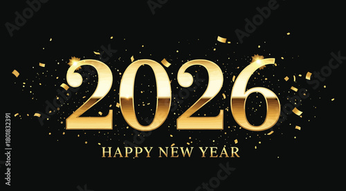 Golden 2026 happy new year text with confetti and sparkles on a, celebrating the upcoming year with a festive and luxurious feel, perfect for holiday greetings and event promotions