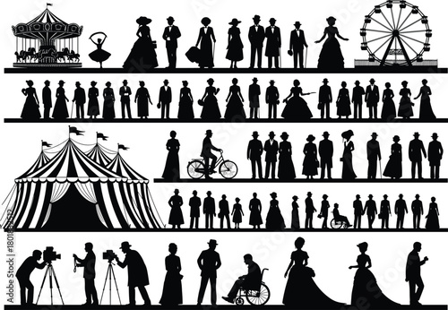 Vintage silhouette collection of Victorian and Edwardian people, circus tent, carnival carousel, and Ferris wheel. Isolated vector set with crowd, photographers, and bicycle.