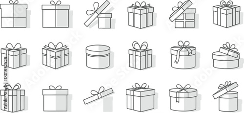 Set of gift boxes isolated on white background, vector line art design