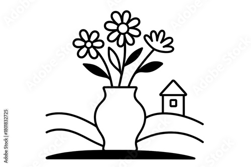 Stylized flowers in a vase on a hillside with a tiny cottage outline