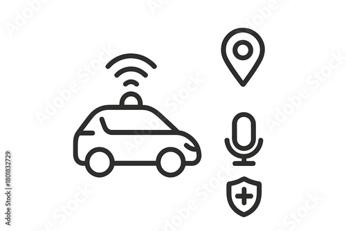 Smart connected car services icons set including GPS location, voice control, and safety features