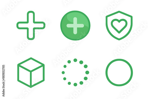 Basic green user interface symbols for web and mobile applications including add, security, and loading