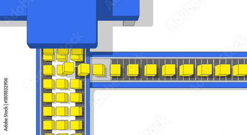 A vibrant illustration depicts a factory conveyor system efficiently sorting and transporting yellow cubes, showcasing automated processes.