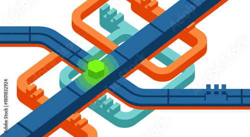 An abstract illustration of interconnected pipes and structures, showcasing a network of pathways and connections in a modern, graphic design.