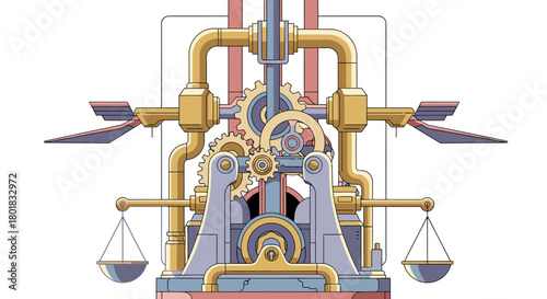 An intricate illustration showcases a complex mechanical apparatus with gears, pipes, and scales, representing balance and precision in a unique design.