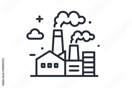 Industrial factory building with smokestacks emitting pollution into the atmosphere