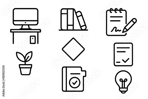 Minimalist outline symbols for business, education, and productivity concepts