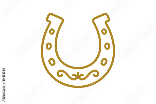 Elegant golden horseshoe outline symbol with decorative swirls and good luck charm