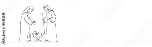 Continuous one line drawing of Mary and Joseph standing by baby Jesus in the manger. Nativity scene