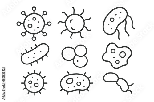 Simple outline symbols representing microscopic germs, bacteria, and viruses for medical design