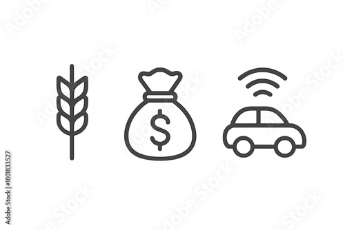 Outline symbols for wheat grain, money bag, and autonomous vehicle representing key economic sectors
