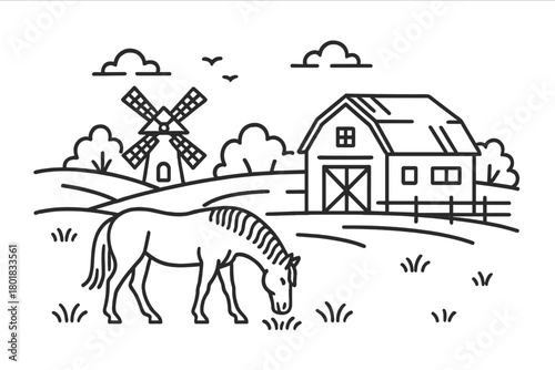 Rural landscape featuring a horse grazing in a pasture next to a barn and an old-fashioned windmill