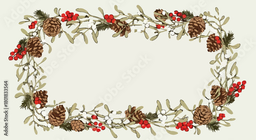 Festive hand-drawn Christmas frame design with pine cones, holly, and winter foliage border isolated on Transparent Background