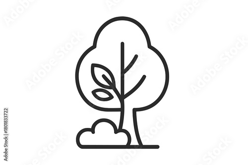 Minimalist outline icon of a stylized deciduous tree with foliage and ground shrubbery