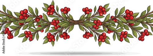 Hand drawn rowan branch with red berries isolated on white background