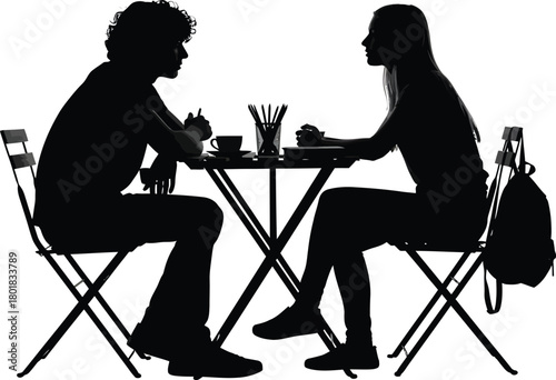Silhouette of students studying together at cafe table black and white eps