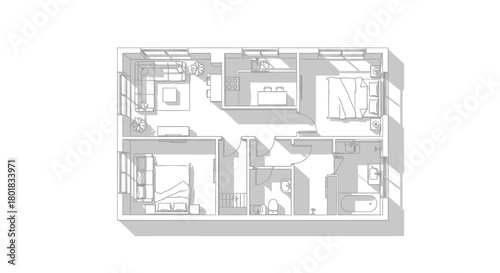 Detailed architectural blueprint drawing of a modern apartment floor plan with furniture and room layouts