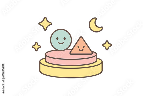 Adorable geometric circle and triangle characters on a tiered pedestal with stars and crescent moon