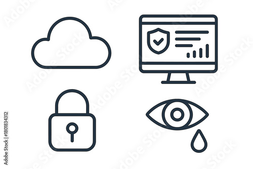 Set of cybersecurity and data privacy icons featuring cloud storage, secure monitor, and locked padlock symbols