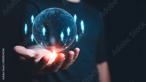 Global network connection with glowing figures around the world, showcasing business expansion and international collaboration, technology empowering connections