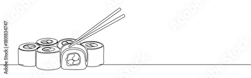 Continuous one line drawing of sushi rolls with chopsticks. Concept of Japanese cuisine and asian food