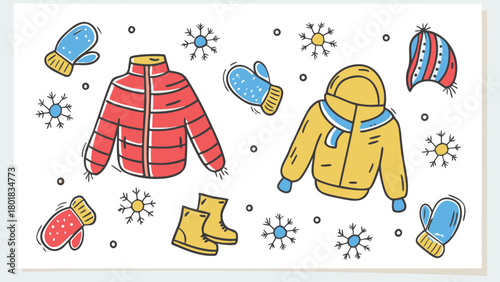 Charming winter scene featuring pastel colored jackets and mittens perfect for seasonal designs and holiday greetings showcasing a cozy and cheerful atmosphere with a touch of softness