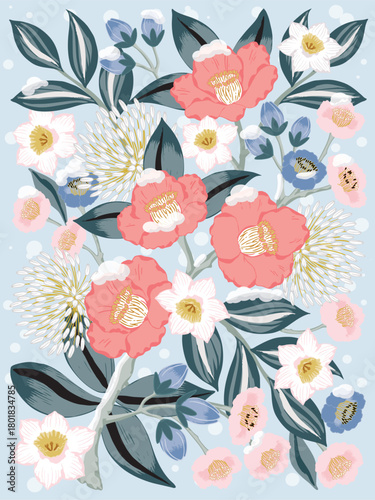  Korean January Flowers Vector Illustration of Winter Blooms: Camellia, Plum Blossom, and Narcissus 	