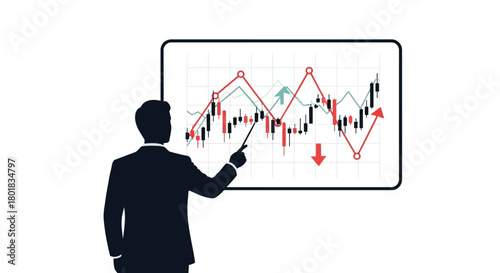 Silhouette of a businessman pointing at a stock market trading chart on a digital screen