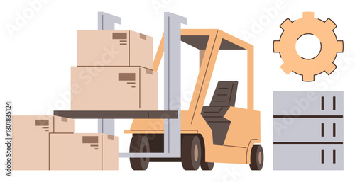 Forklift lifting stacked cardboard boxes near storage shelves and gear shape, emphasizing logistics and storage. Ideal for warehouse management, supply chain, shipping, inventory, automation