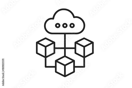 Cloud computing network connecting distributed data storage nodes or blockchain architecture symbols