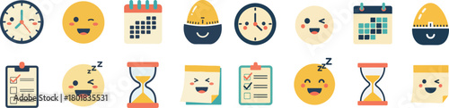 Playful Time Management Icon Pack 6-Grid Flat Vector Illustration