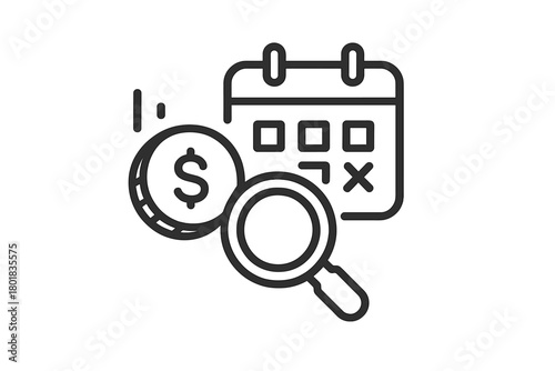 Dollar coin, calendar, and magnifying glass representing financial planning and scheduling