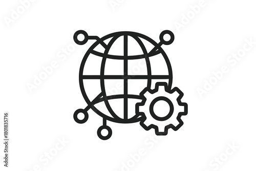 Global network configuration and technology management symbol with connected nodes and gear