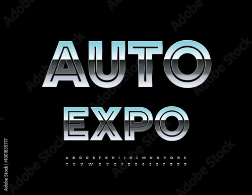 Vector Premium icon Auto Expo. Trendy Silver Font. Exclusive Metallic Alphabet Letters and Numbers set.
