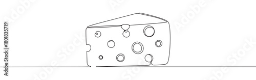 Continuous one line drawing of a wedge of cheese with holes. Concept of dairy products and food