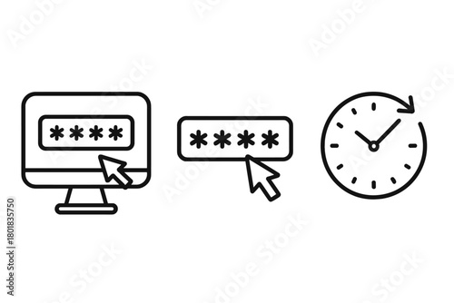 Digital security access icons with password input fields and session time limit