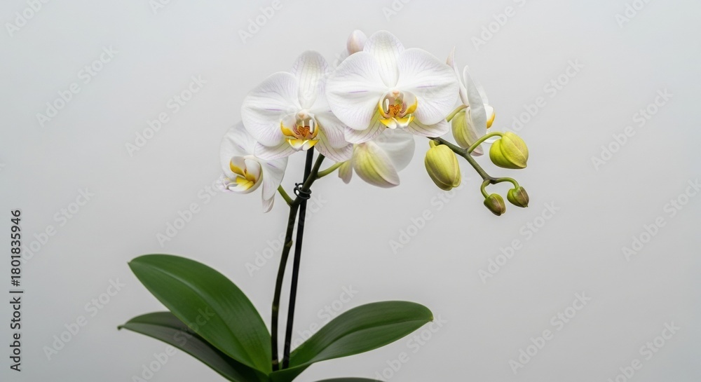 Obraz premium Elegant White Orchid with Yellow Center, Green Leaves, and Buds on White Background.