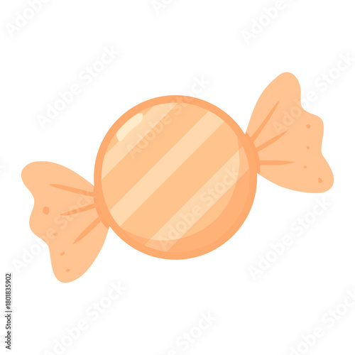 Cute peach candy illustration with sweet wrapped confection and shiny striped dessert design.