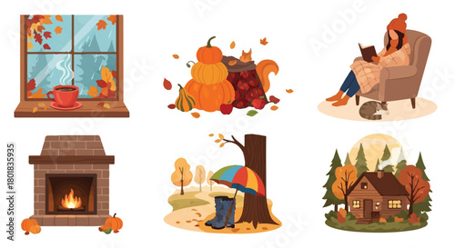 Collection of cozy Autumn Fall season concepts and activities flat design illustrations set isolated on Transparent Background