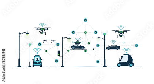 Smart city technology illustrating connected autonomous vehicles drones and infrastructure with wireless communication