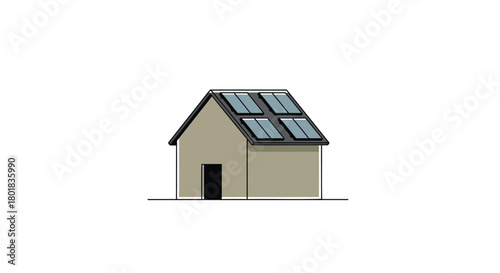 Simple illustration of a small house with solar panels installed on its roof for renewable energy